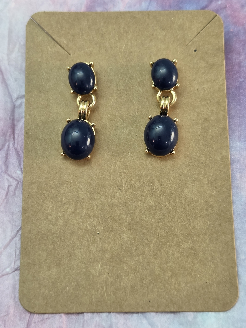 Gold Drop Earrings with Navy Blue Stones